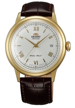 Orient 東方經典系列Bambino V2 白色錶盤金色錶圈皮革錶帶男士機械手錶 FAC00007W0
