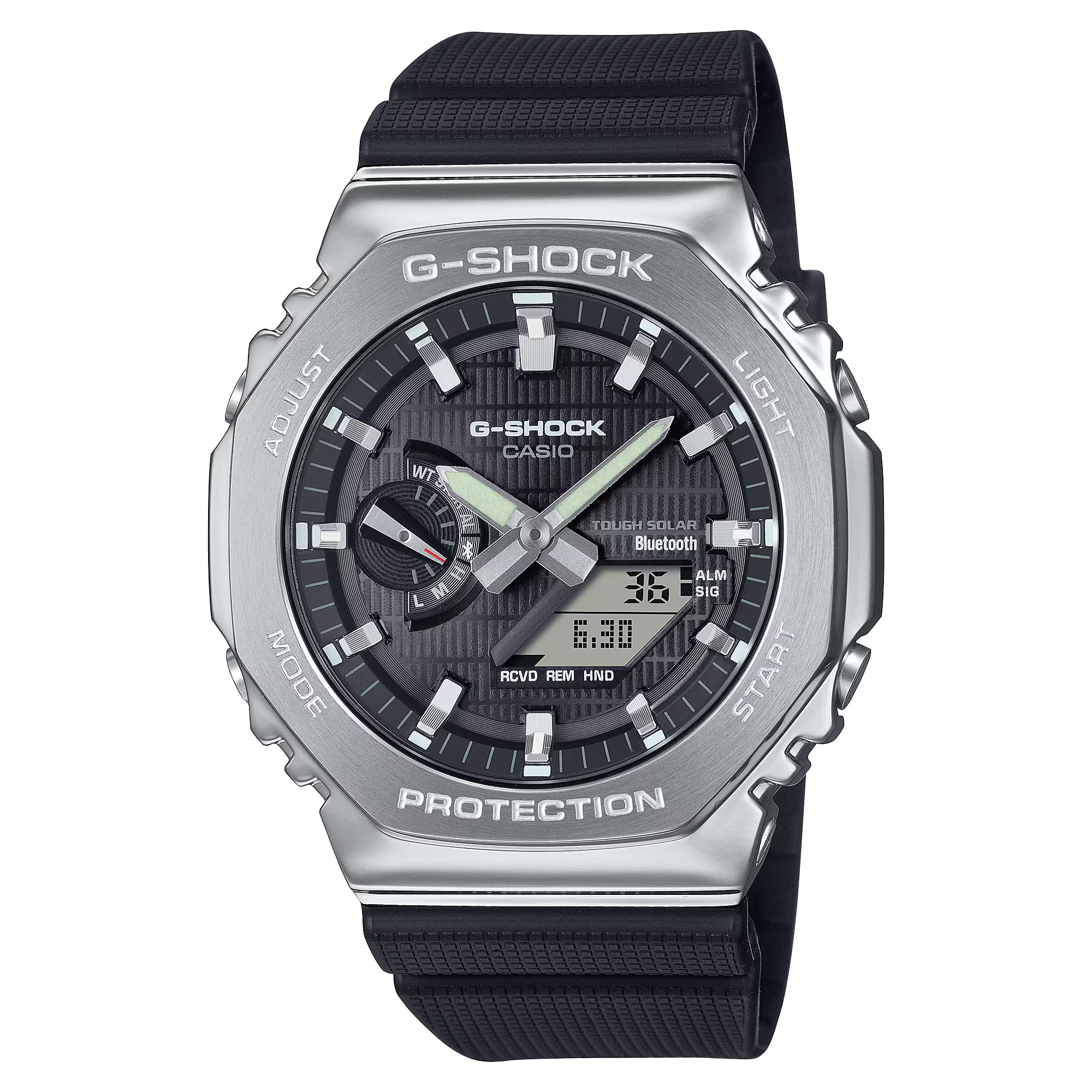 Casio G-SHOCK G-STEEL 2100 系列黑色錶盤八角形藍牙太陽能手錶 GBM-2100-1A