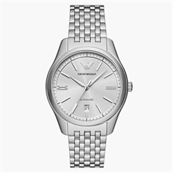 Emporio Armani 41mm 銀色錶盤三針日期不鏽鋼男士機械手錶 AR60076