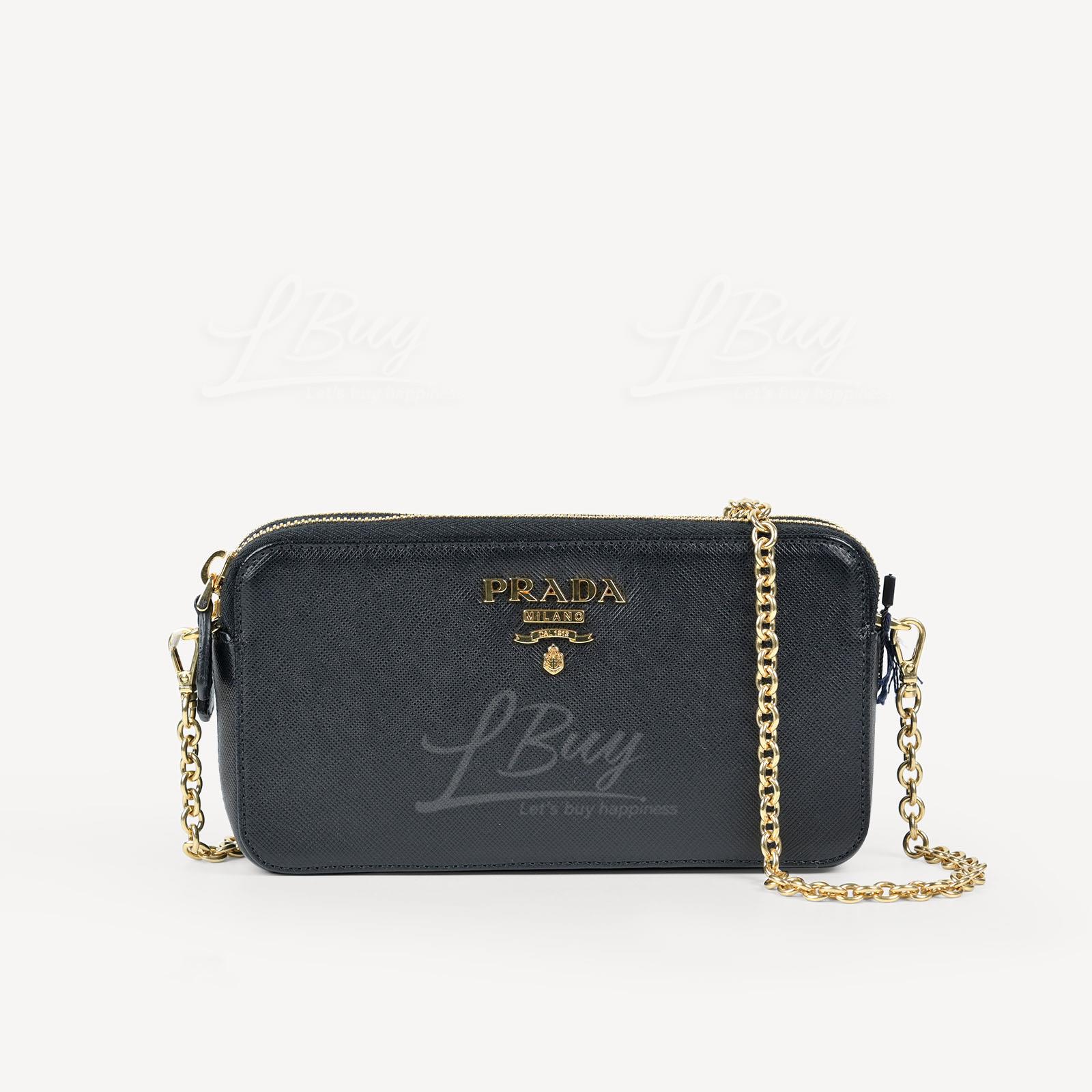 Prada Saffiano Leather Double Zipper Black Shoulder Bag Crossbody Bag