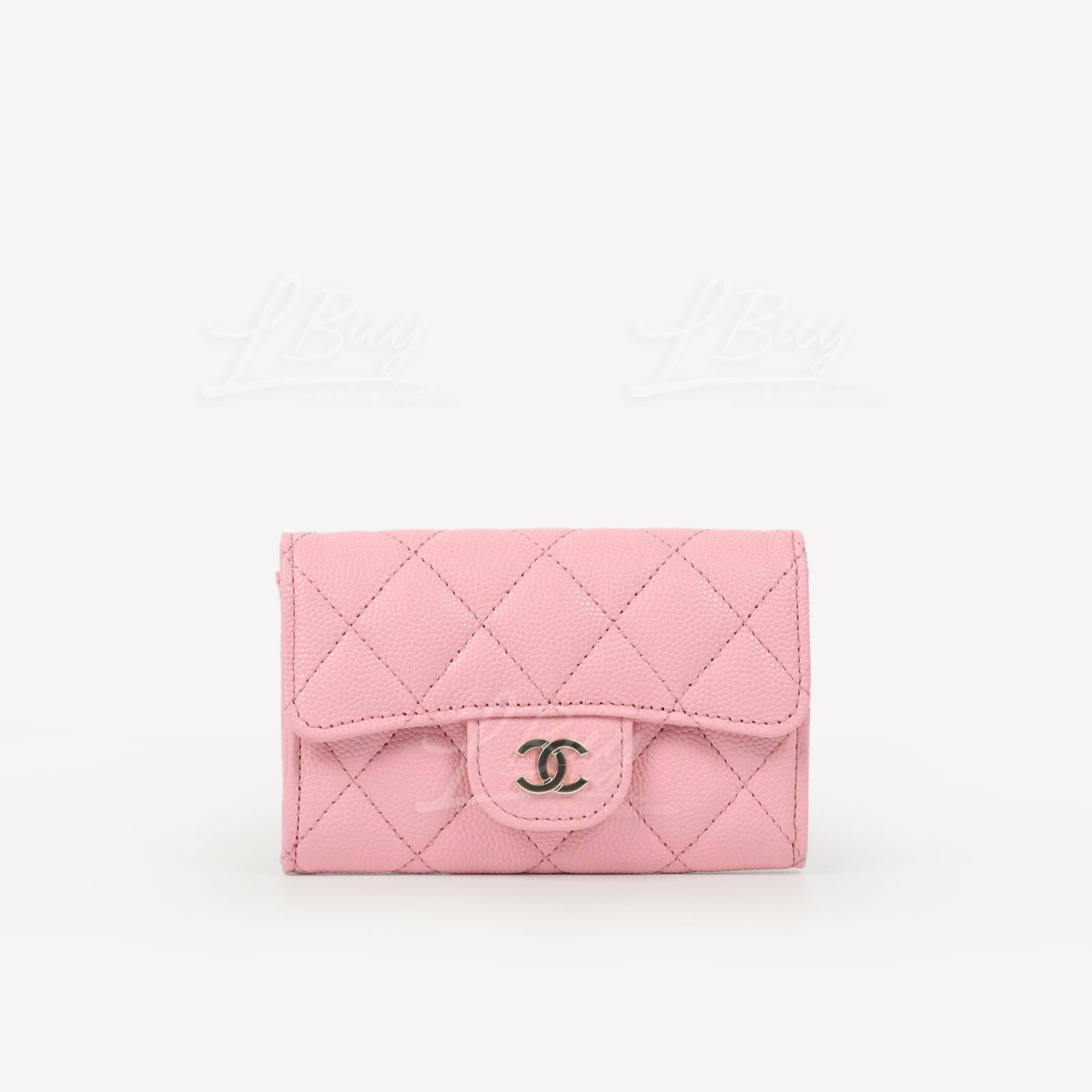 CHANEL-Chanel Classic Small Flap Wallet Card Holder Pink with Gold Tone  Metal AP0214