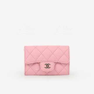 Chanel Classic Small Flap Wallet Card Holder Pink with Gold Tone Metal AP0214