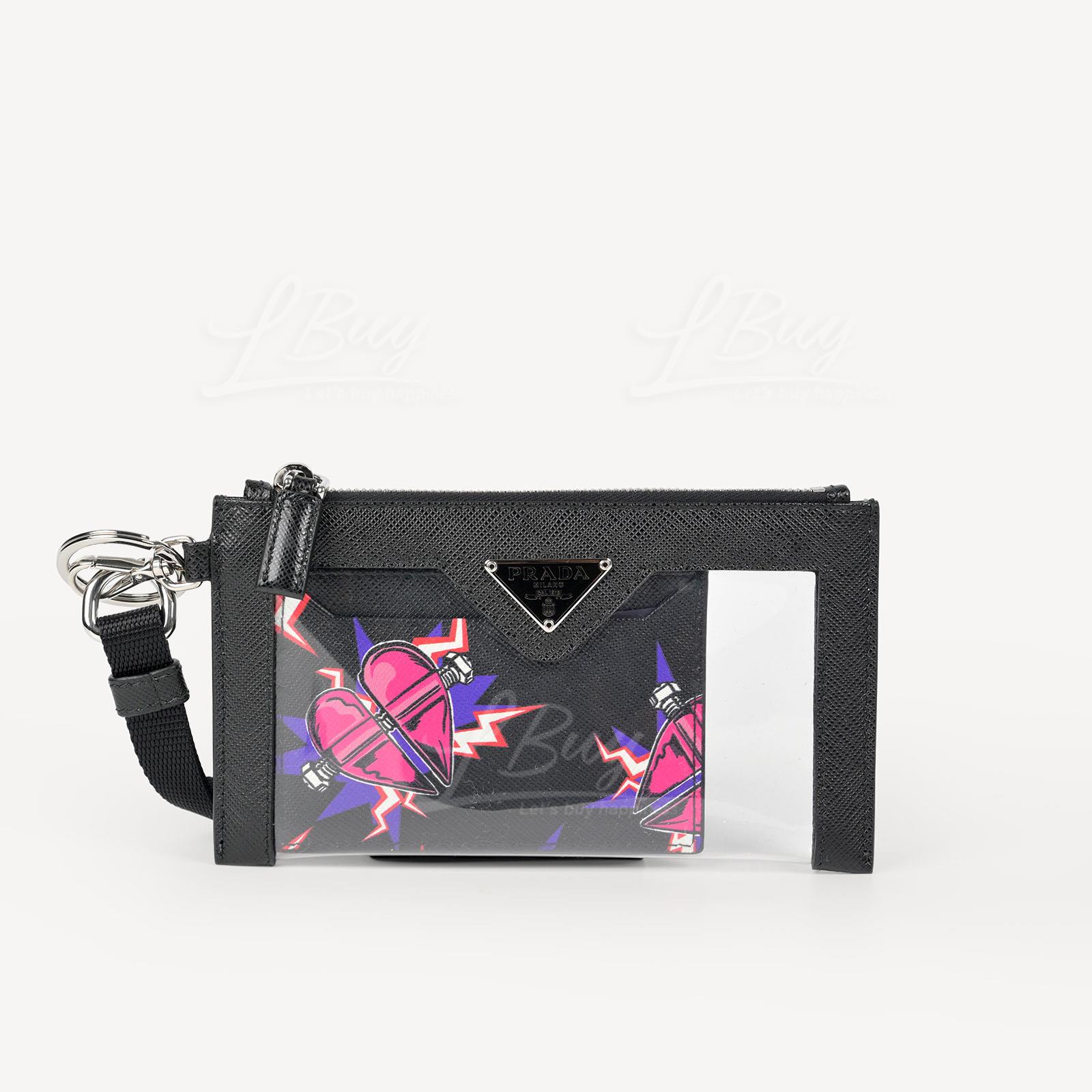 Prada Saffiano Print PVC and Leather Pink Heart Print Card Holder with Shoulder Strap 2TT097