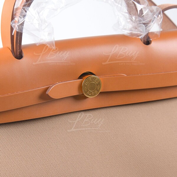 Hermes Herbag 31cm Fauve and Beton Vache Hunter and Toile Gold