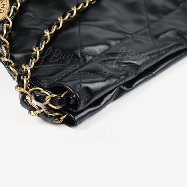 Mini shopping bag, Shiny aged calfskin & gold-tone metal, black