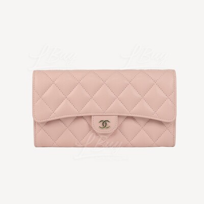 CHANEL-Chanel Classic Long Flap Wallet Light Pink with Gold Tone Metal  AP0241