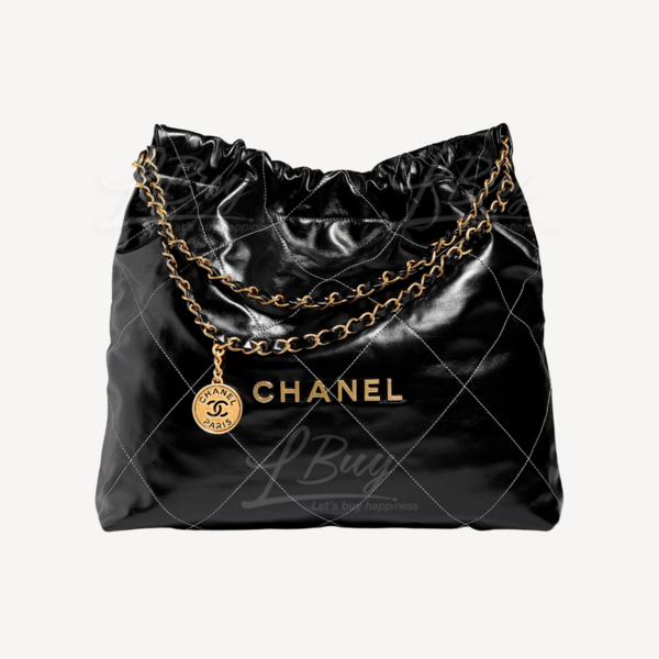 Chanel 22 handbag, Shiny calfskin & gold-tone metal , black