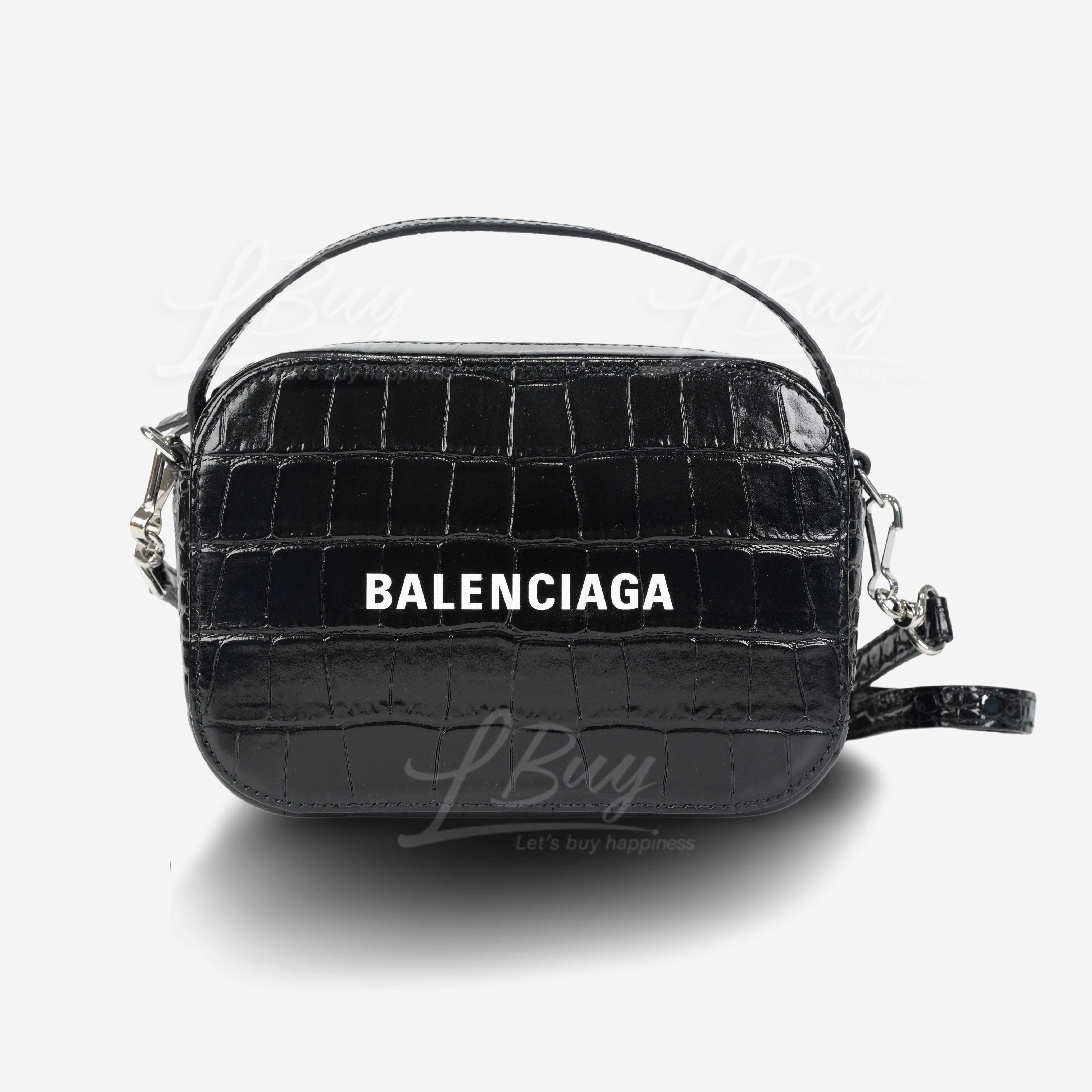 Balenciaga Crocodile Pattern White Logo Calf Leather Black Camera Bag