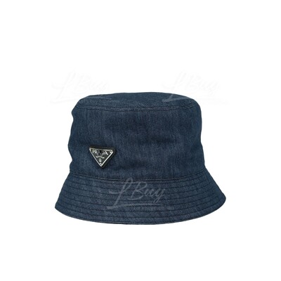 PRADA-Prada Saffiano Triang Triangle Logo Bucket Hat in Dark Union Wash  Denim