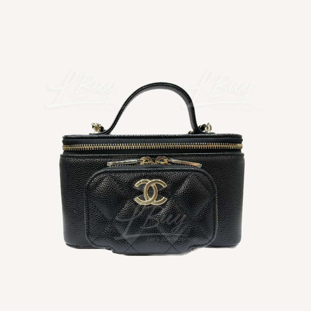 Chanel Vanity Case 粒纹小牛皮金色CC Logo拉链口袋黑色手挽链带长型化妆盒子 AP2912