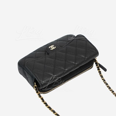 CHANEL-Chanel Black Grained Calfskin Gold CC Logo Phone Holder with Chain  Handbag AP2096