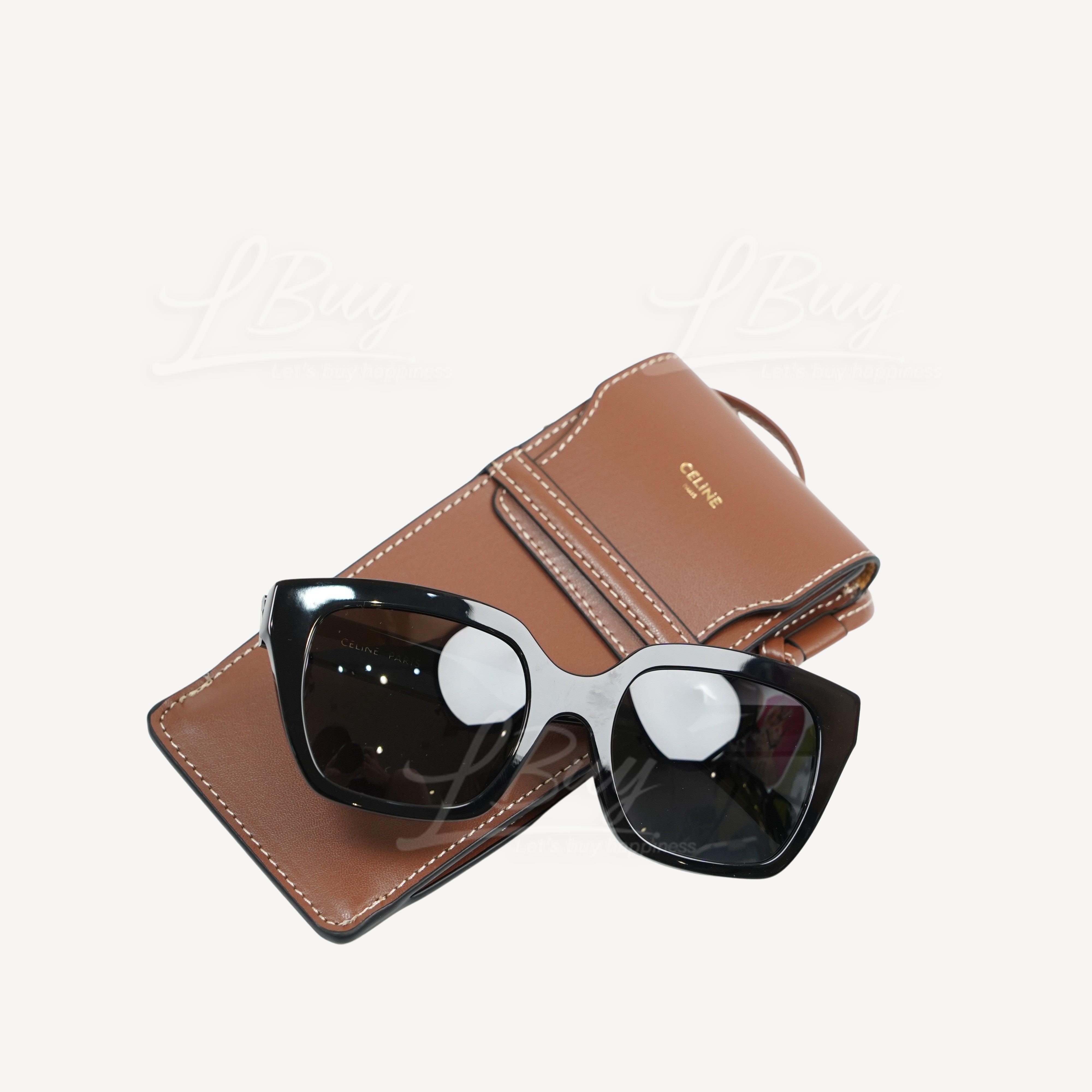 Celine Monochroms White Logo Black Square Sunglasses with Brown Shoulder Bag