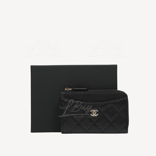 CHANEL Chanel Black Grained Calfskin Gold CC logo Zip Card Holder