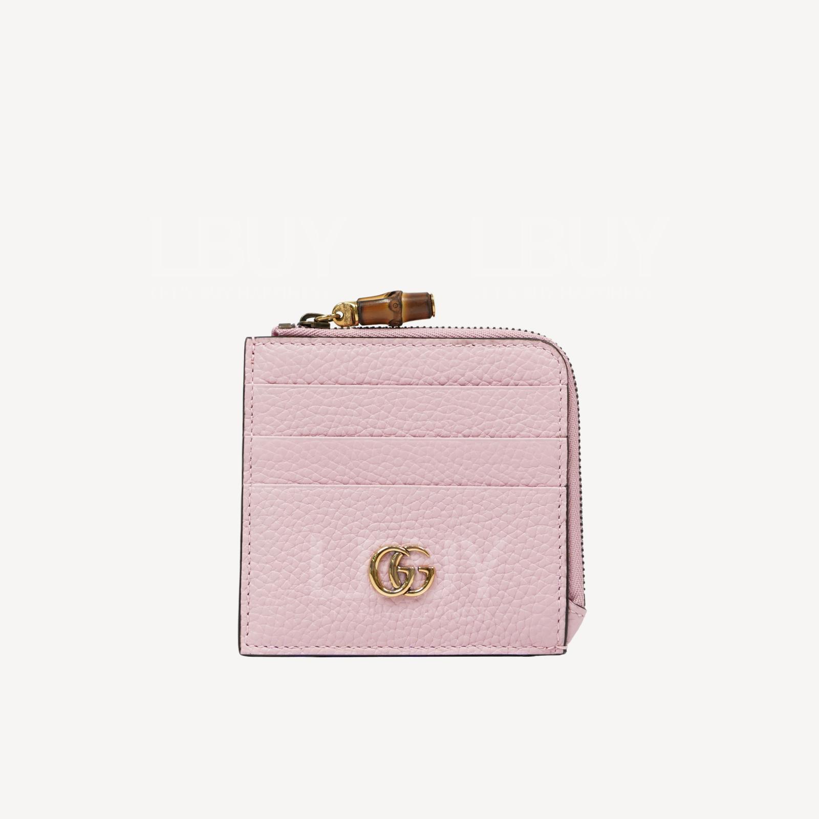 Gucci GG Logo 竹节扣皮革拉链卡片套 粉红色 739497