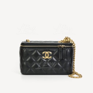 Chanel Adjustable Gold Lock Large CC  Logo Black Long Vanity Case with Chain AP3044