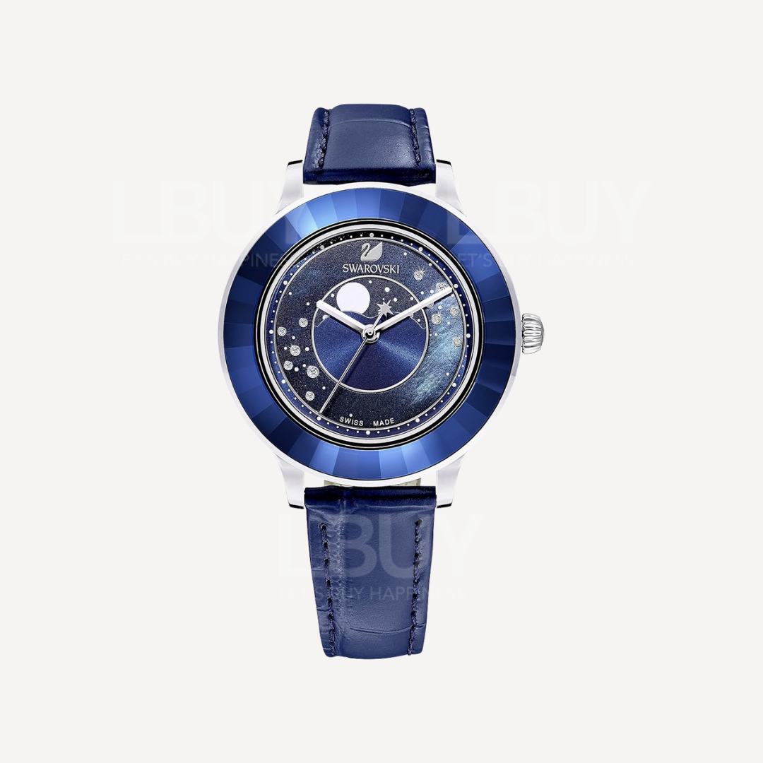 SWAROVSKI Octea Lux 手表 月亮 (真皮表带,蓝色,不锈钢)