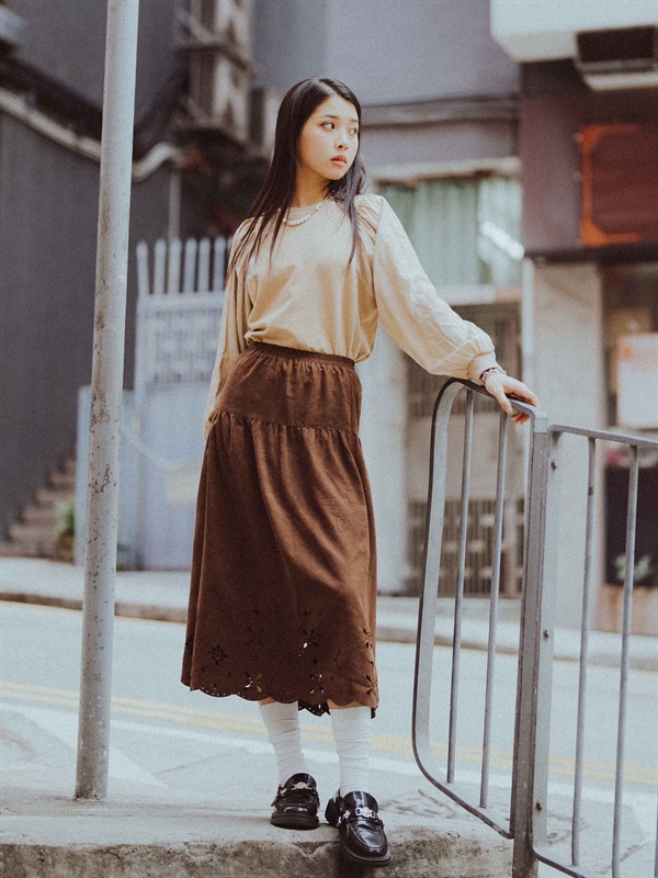 Floral Hollow Hem Suede Skirt 