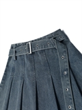  Pleated Denim Skirt With Belt