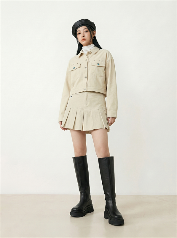 Corduroy Pockets Pleated Skirt