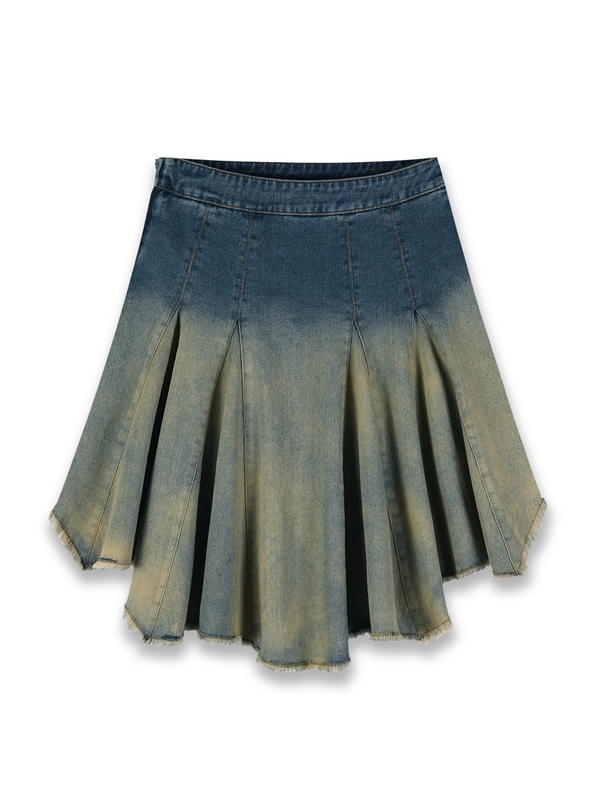 Washed Denim Pleated Skirt