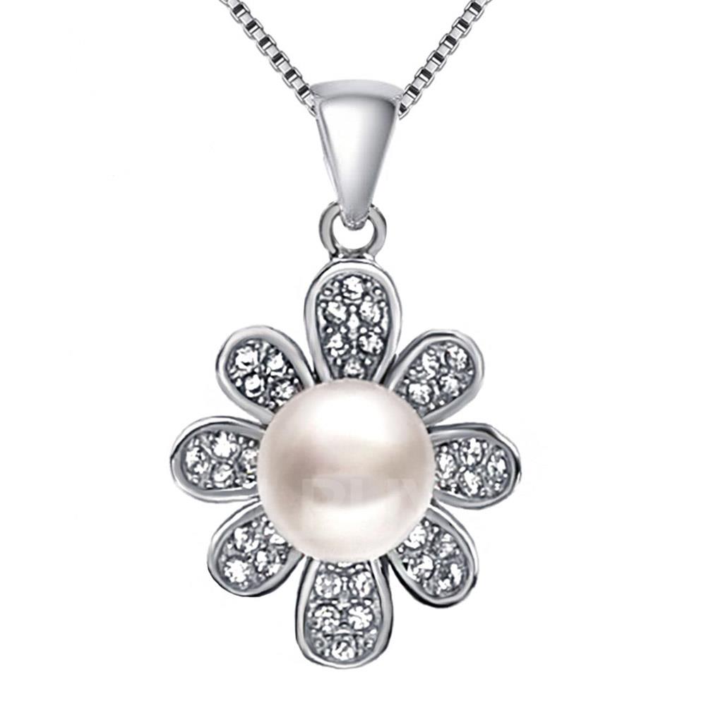 Bellis- 925 silver mounted cz with Cultured fresh water pearl pendant and Chain