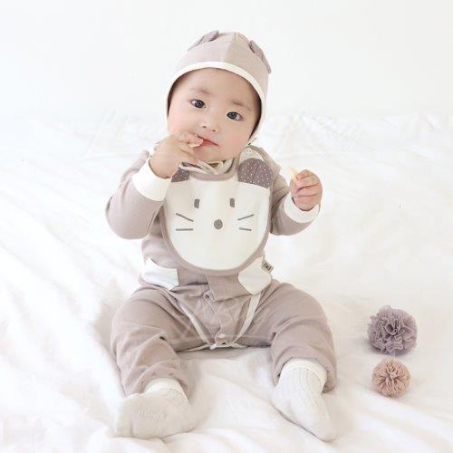 Snap-Up Bodysuit+Pants+Bib Set-Beige Mouse (Spring/Fall)