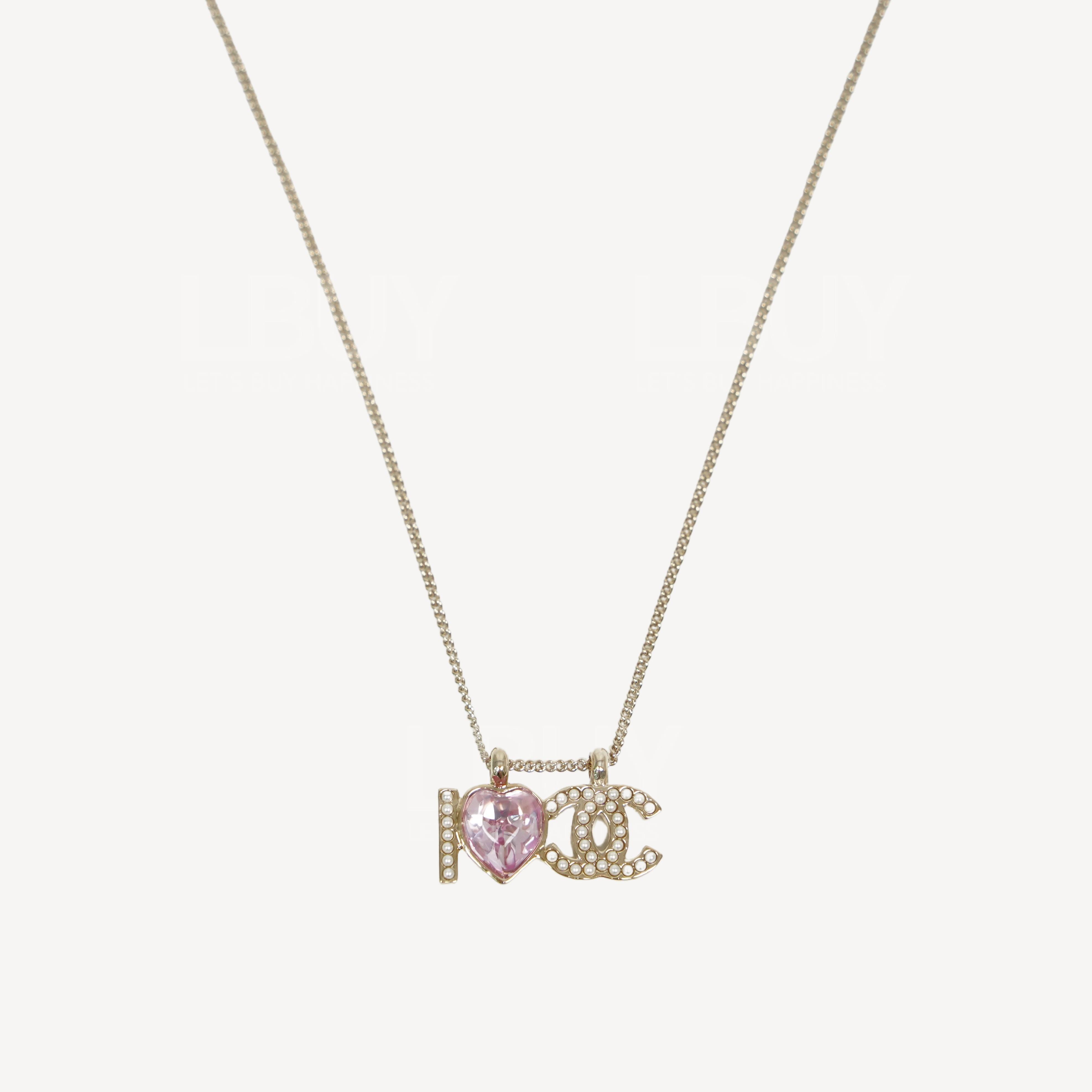 Chanel  珍珠I Love CC Logo粉红色水晶心心金色项链 AB8709
