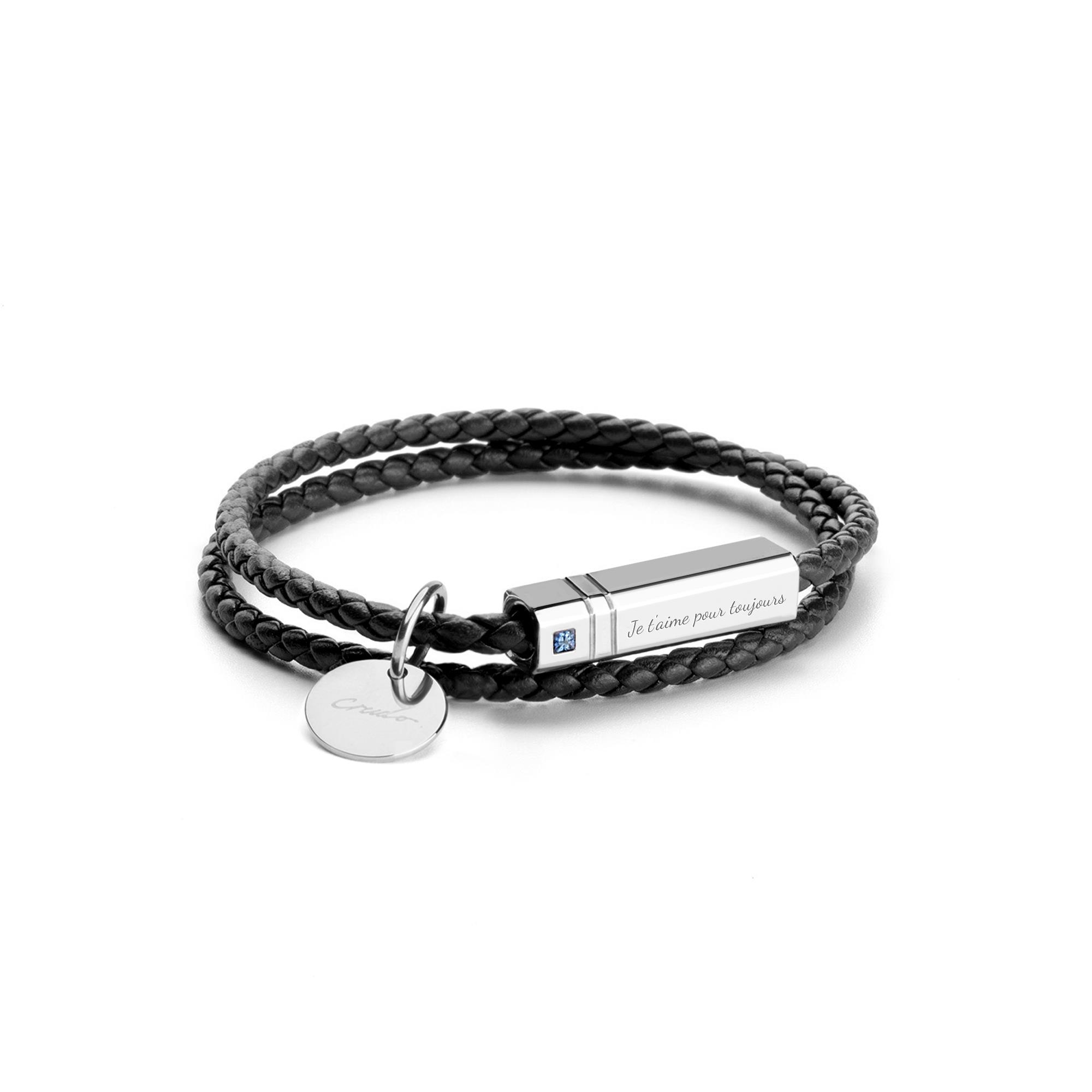 Ricordi Titanium Italian Leather Wrap Bracelet Stone Edition - Jet Black (Blue Sapphire  White Gold Titanium)