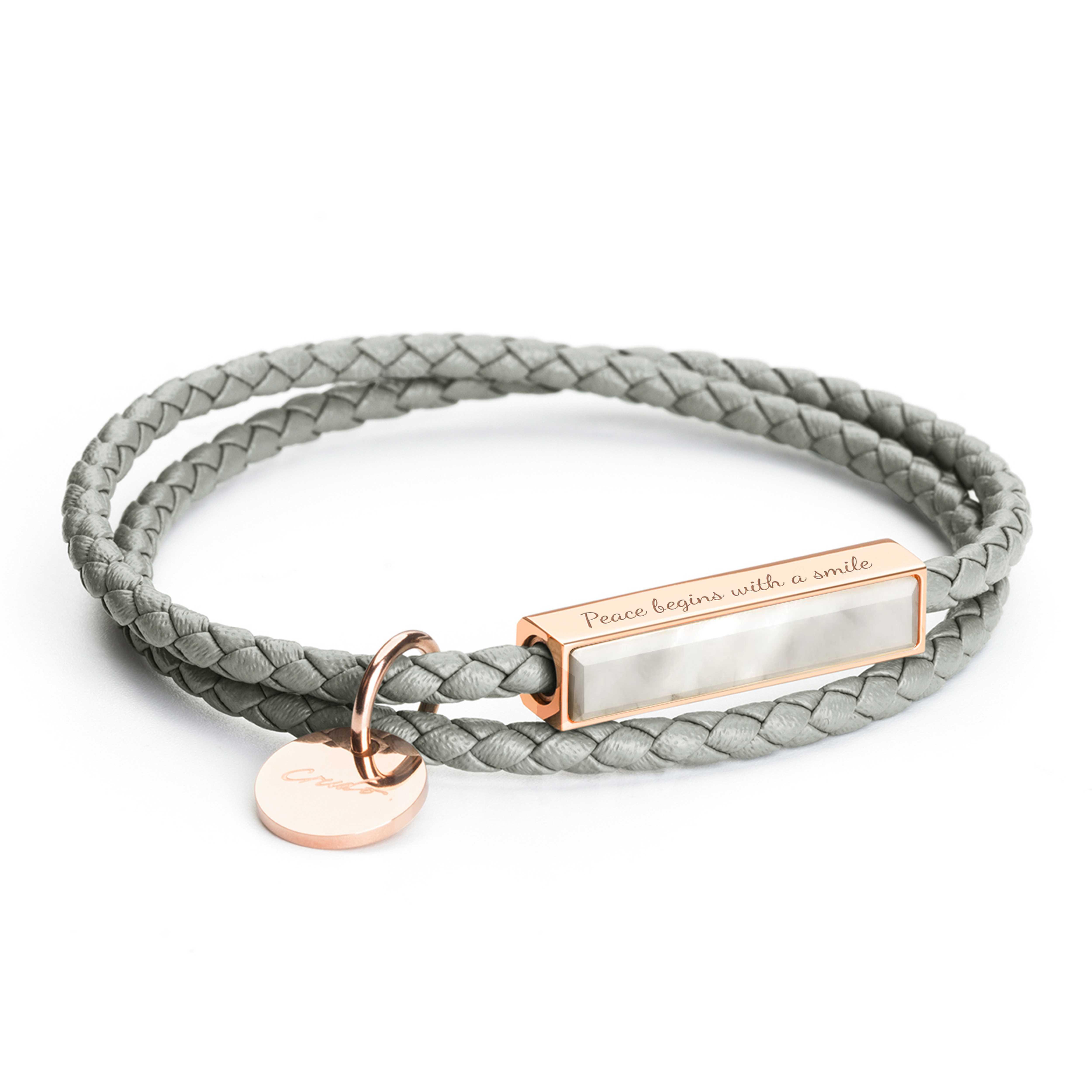Ricordi Italian Leather Wrap Bracelet Gemstone Edition - Dolphin Gray – Mother of Pearl (Rose Gold Edition)