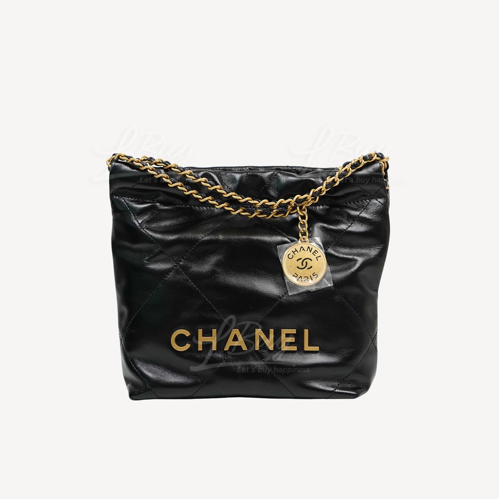 Chanel 22 Mini Handbag Gold Logo Shiny Calfskin Black AS3980