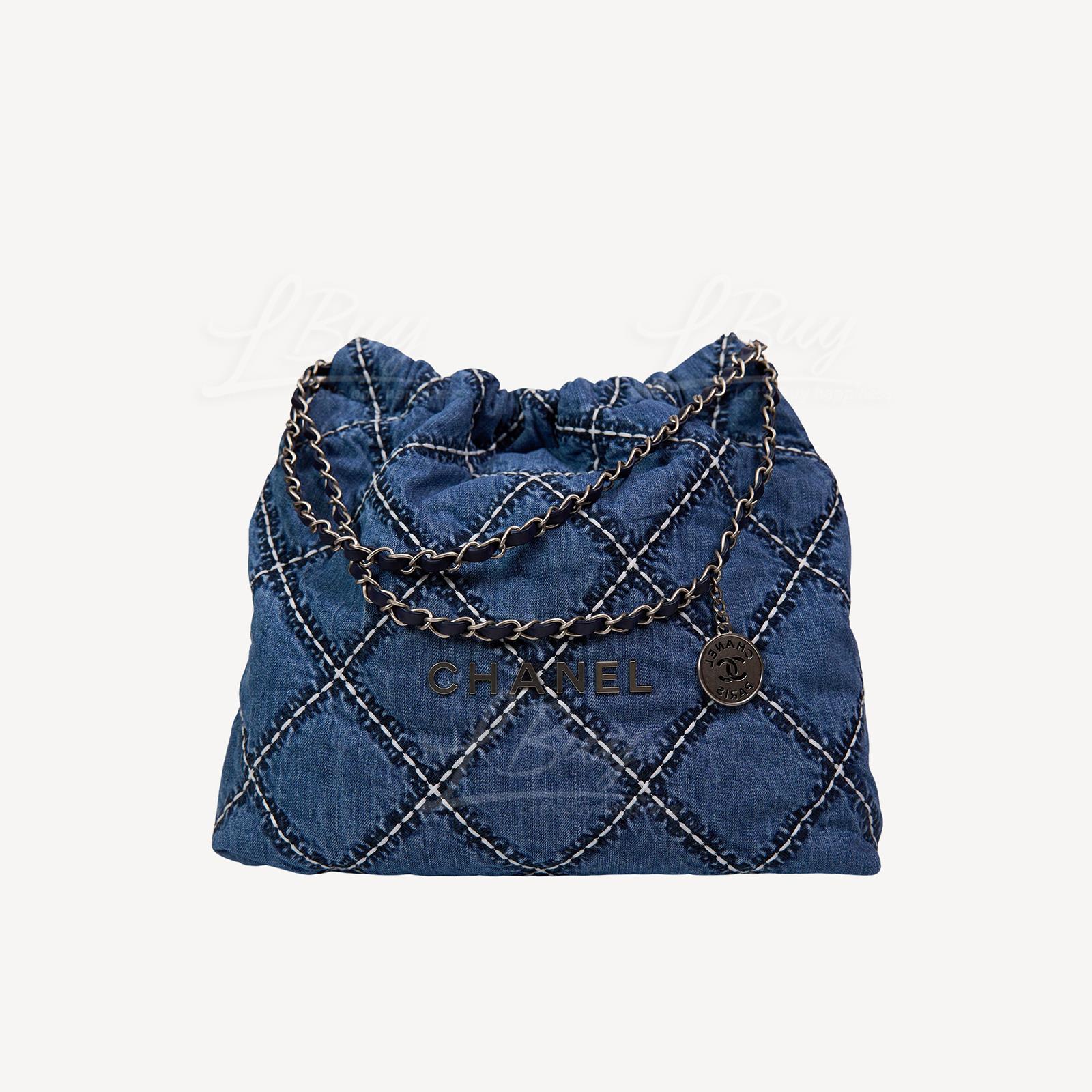 Chanel 22 Handbag Sliver Logo Stitched Denim Blue Medium AS3961