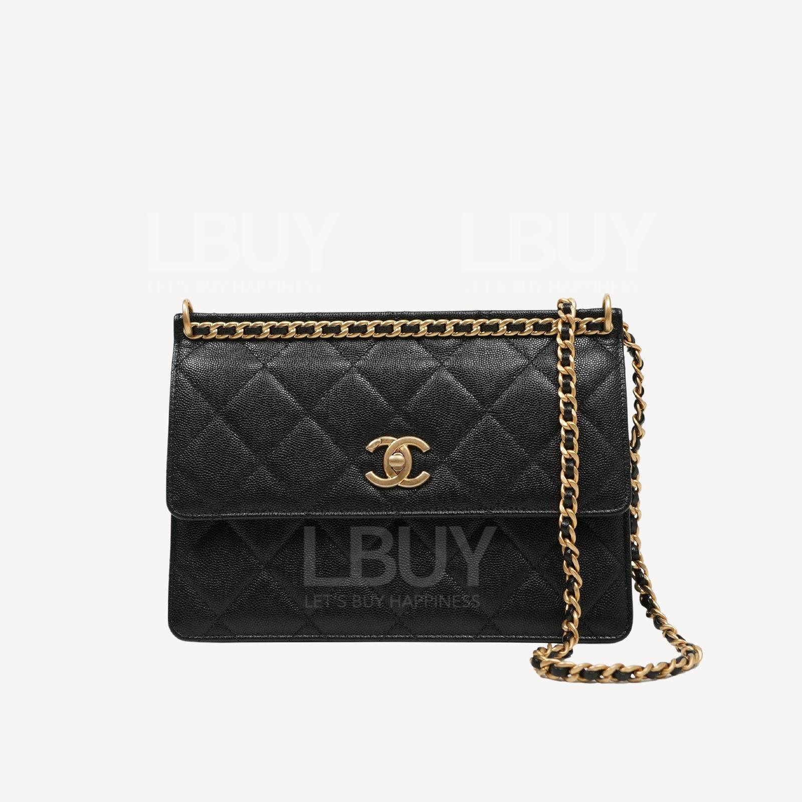 Chanel Grained Calfskin Chain Belt Decorated Gold CC Logo Black Flap Slant Bag AS4157