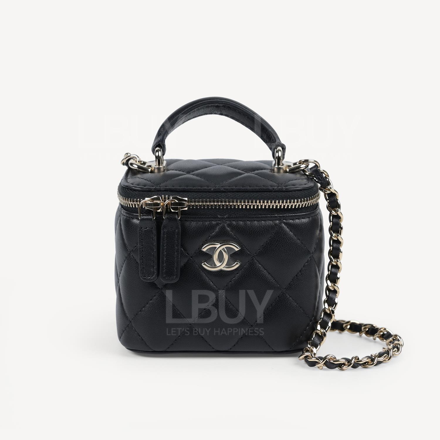 Chanel Vanity Case 鏡子盒底CC Logo 亮金CC黑色手挽鏈帶小號化妝盒子 AP2198