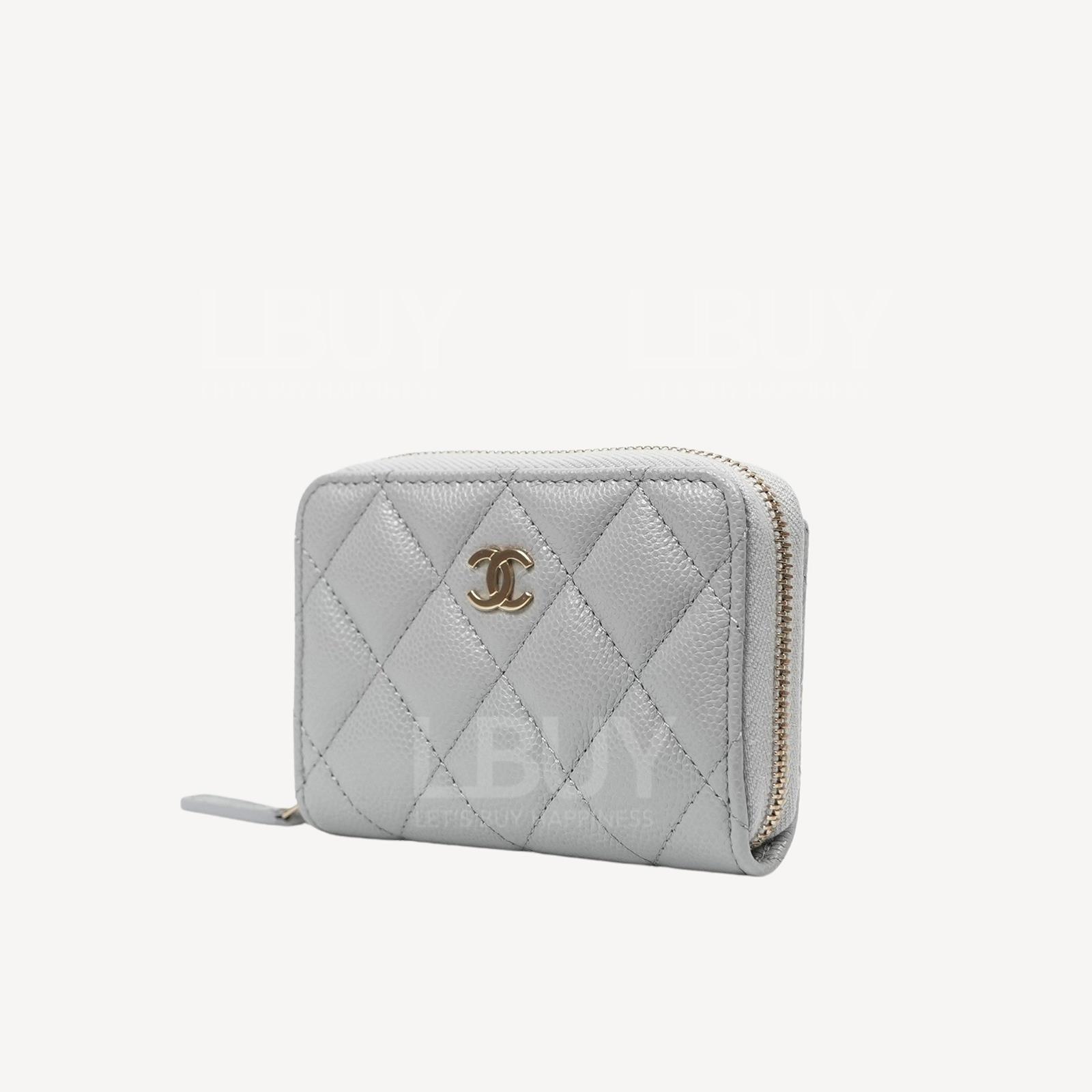 Chanel Classic Zip Around Coin Purse Card Holder Grey Gold CC Logo AP0216