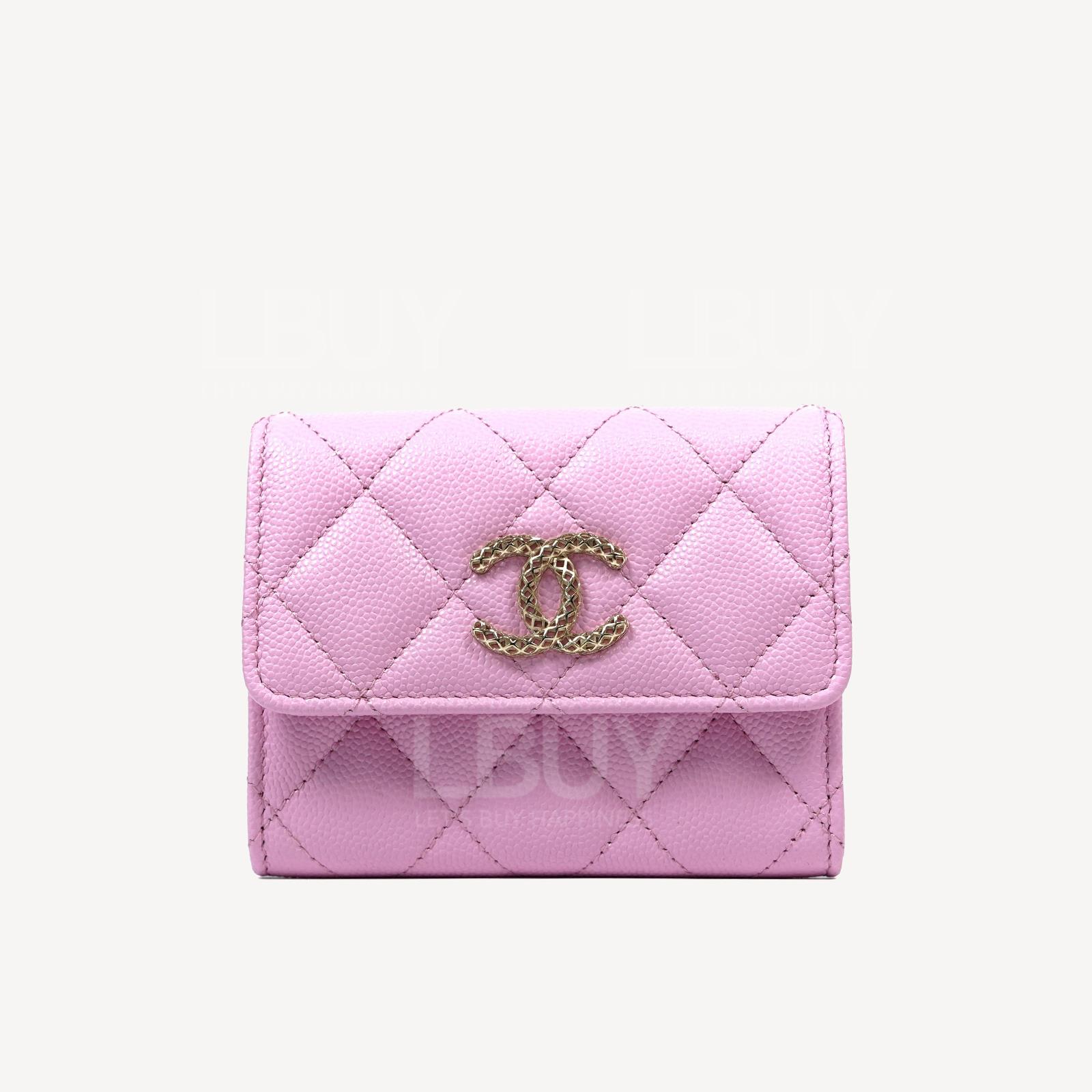 Chanel 浅丁香紫粉粒纹小牛皮金色镂空CC  Logo双层卡包 AP3184