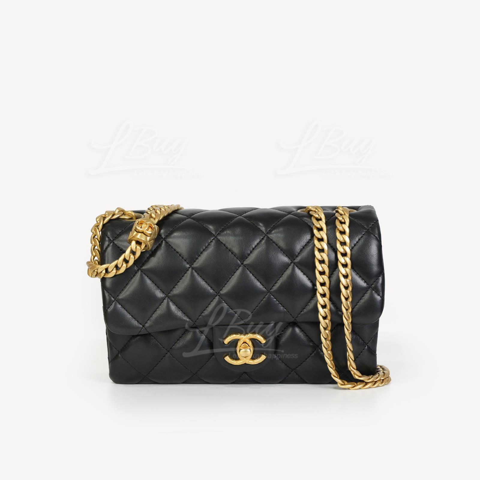 Chanel 调节小金扣 金色链带22cm黑色垂盖手袋 AS3393