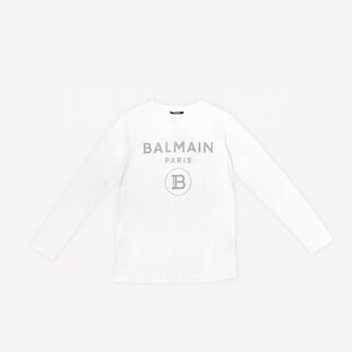 Balmain 銀色閃粉Logo長袖T恤 白色
