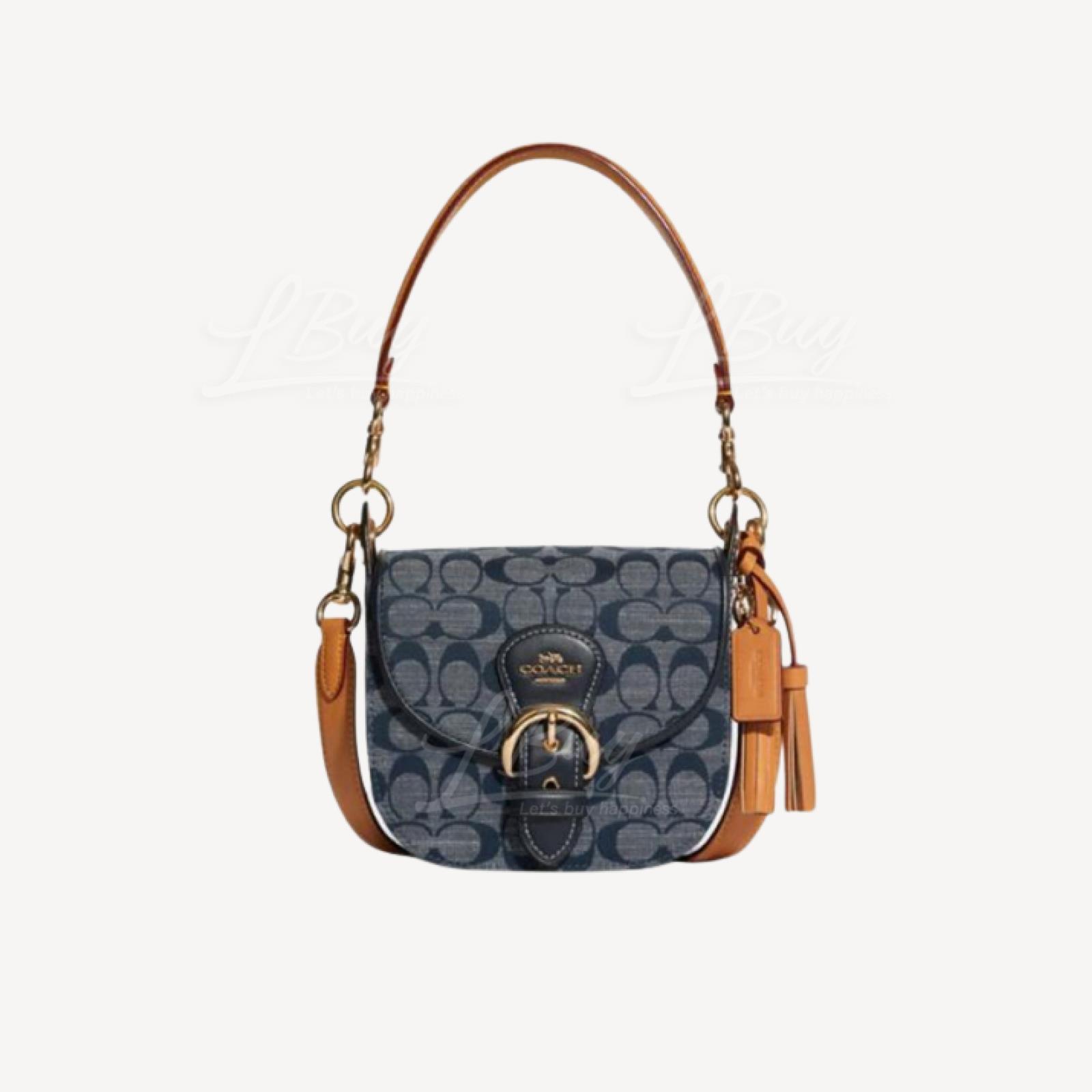 Coach Kleo 金色Logo牛仔布蓝垂盖马鞍包