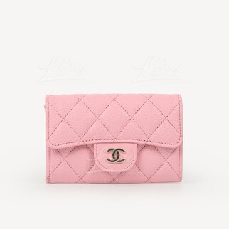 Chanel Classic Small Flap Wallet Card Holder Pink with Gold Tone Metal AP0214