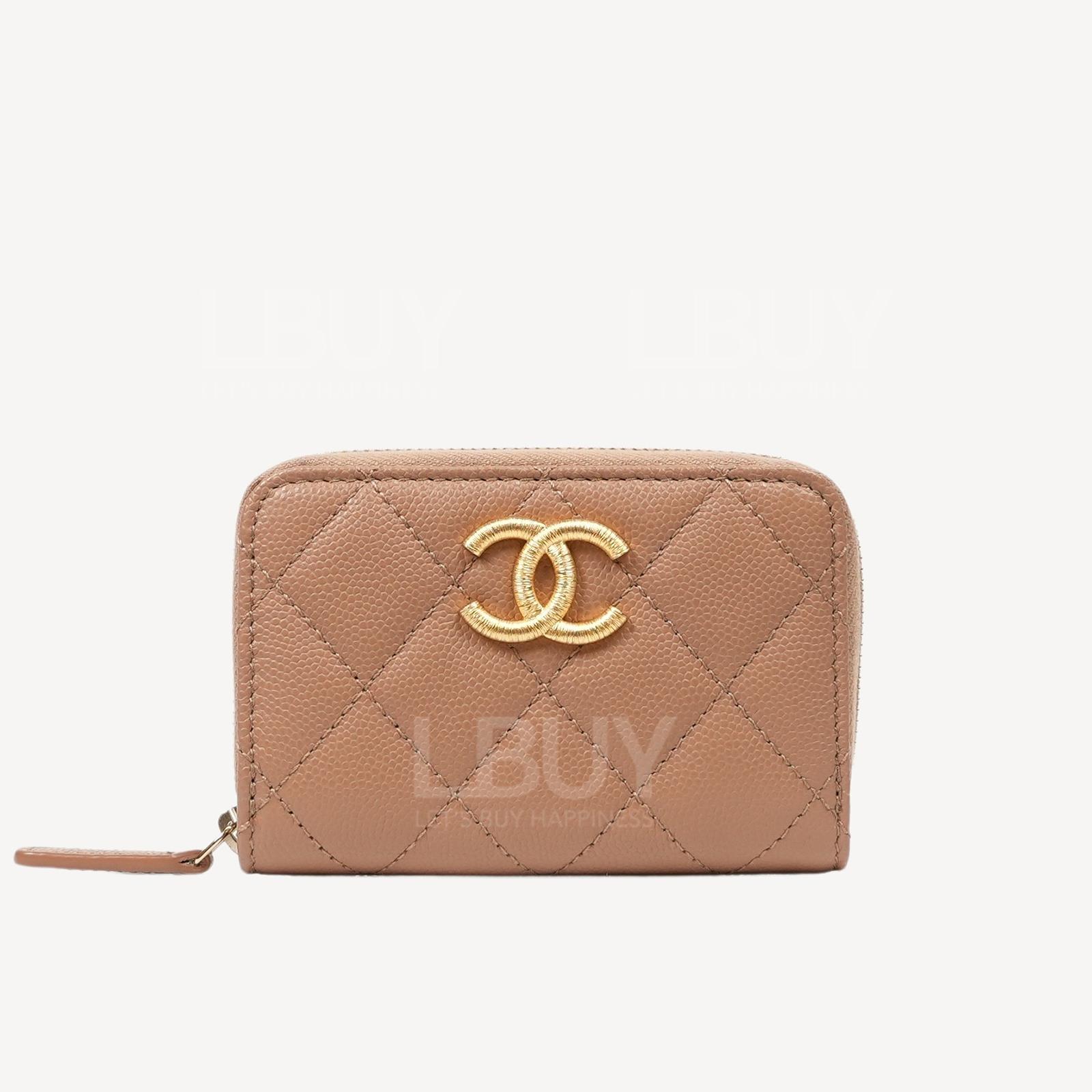 Chanel Gold CC Logo Zip Coin Wallet Card Holder Beige AP3521