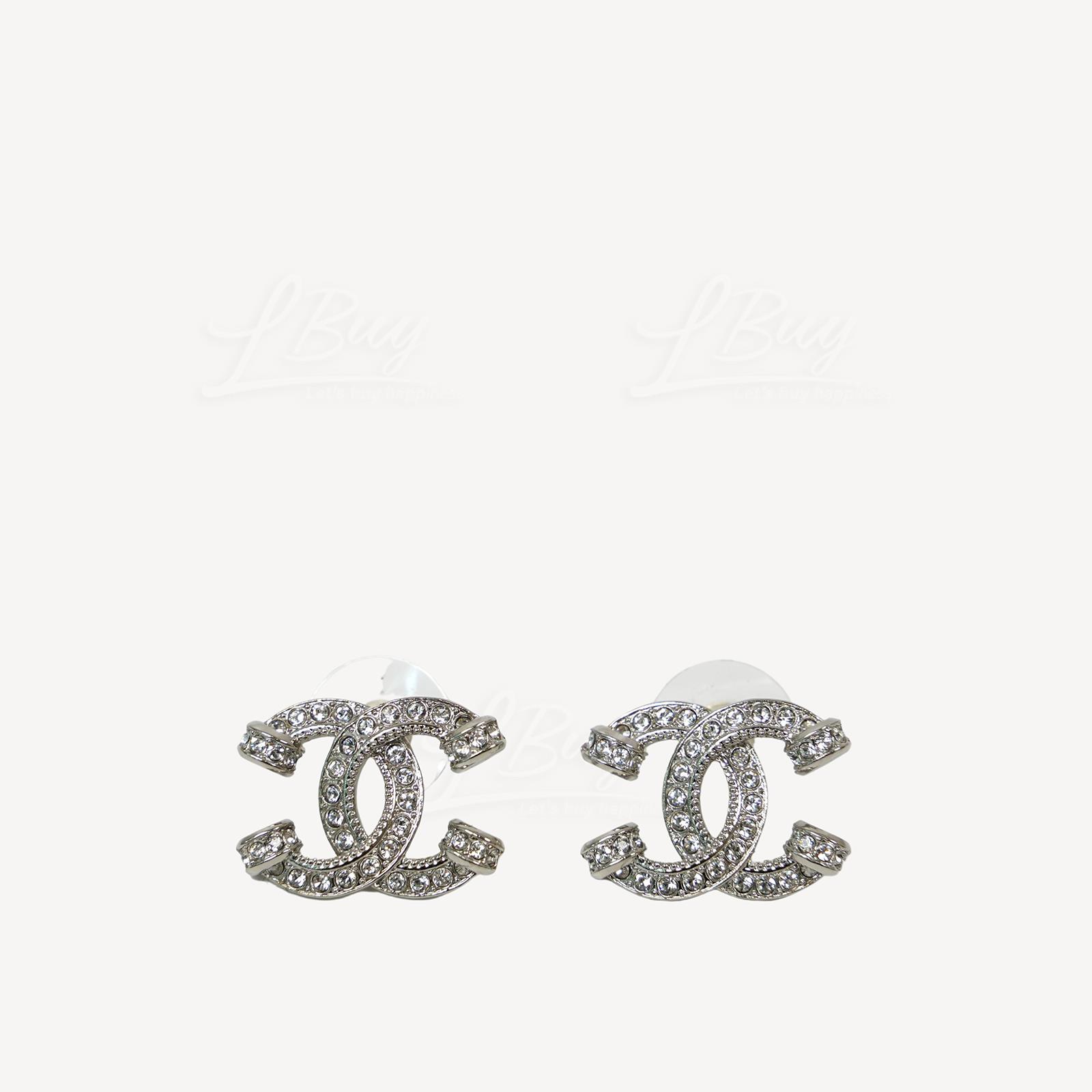 Chanel Sliver Rhinestone Medium CC logo Earrings ABA322