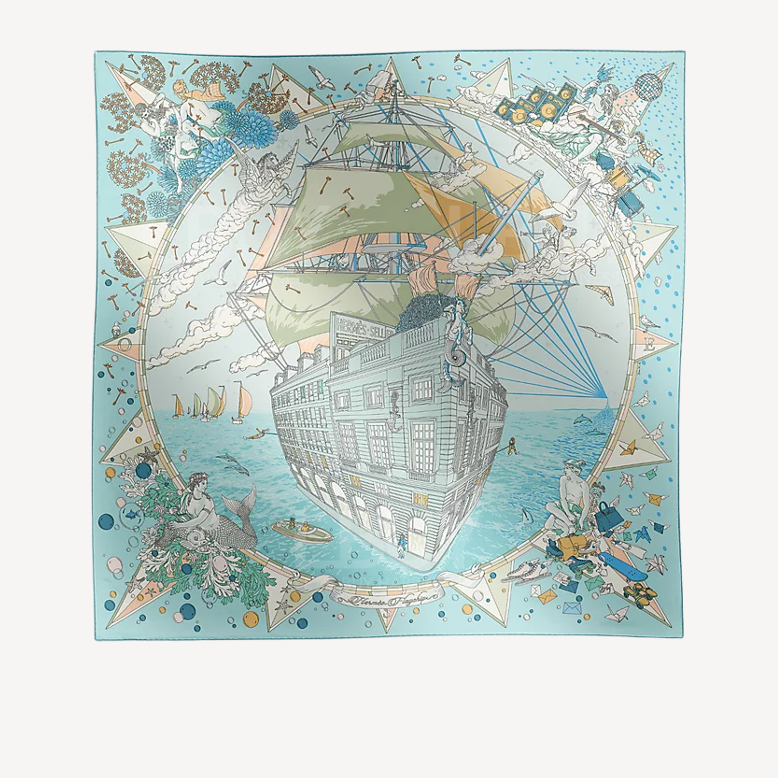 Hermès Flagship Scarf 90  Bleu Ciel Vert De Gris Rose