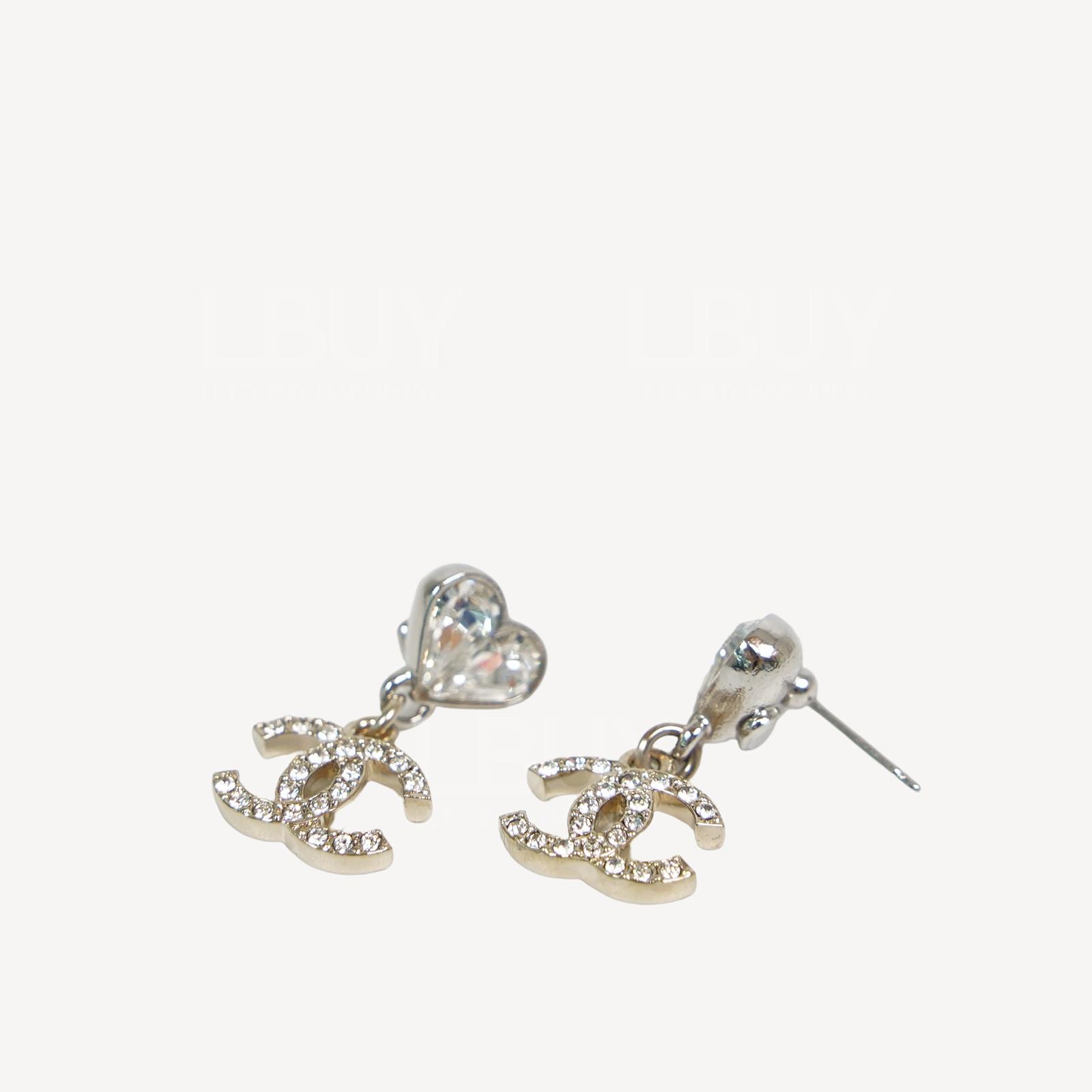 Chanel Crystal Heart CC Logo Pendant Earrings ABA909