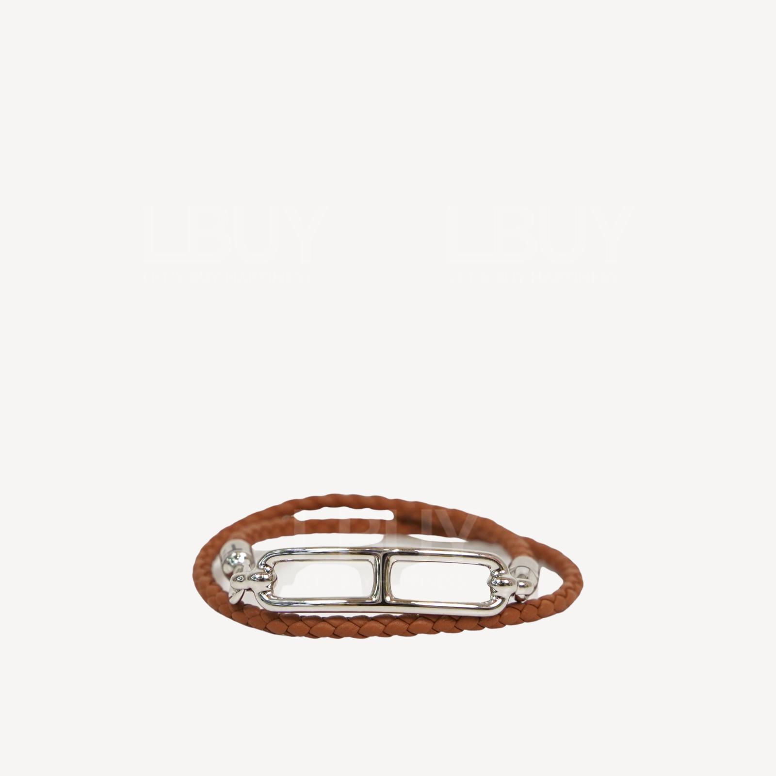 Hermes Roulis Double Tour Bracelet 皮革編織雙圈豬鼻手帶 金色配銀扣