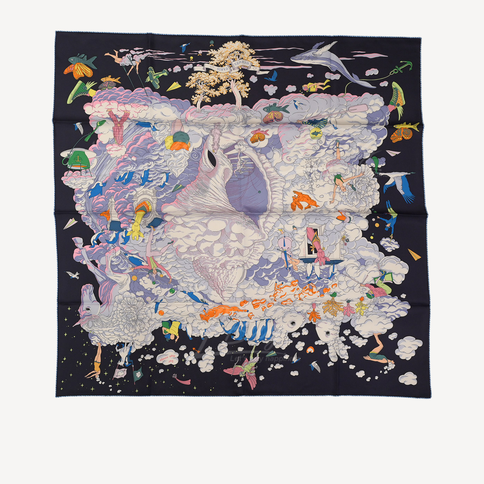 Hermes Sur Mon Nuage scarf 90 絲巾 雲端白馬 企鵝 鯨魚圖案 深藍色 紫紅色 彩色