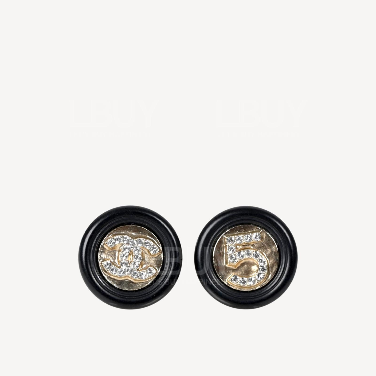 Chanel 黑金圆形钮扣水钻N°5 CC Logo耳环 AB6225
