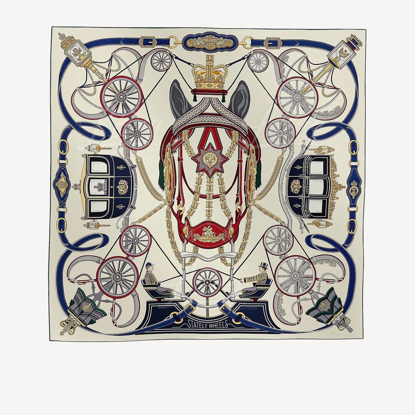 Hermes Stately Wheels Scarf 90 丝巾 奶油色 酒红色 蓝色