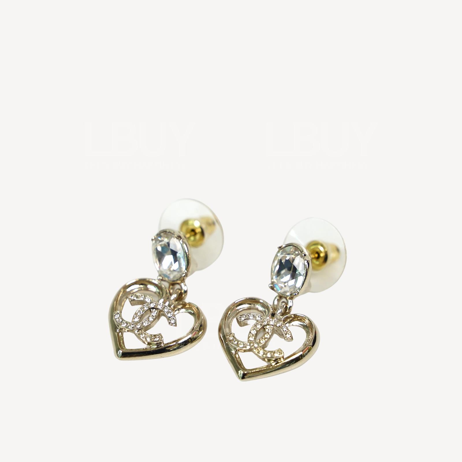 Chanel White Crystal Pendant Gold CC Logo Cutout Rhinestone Heart-Shaped Earrings ABA102