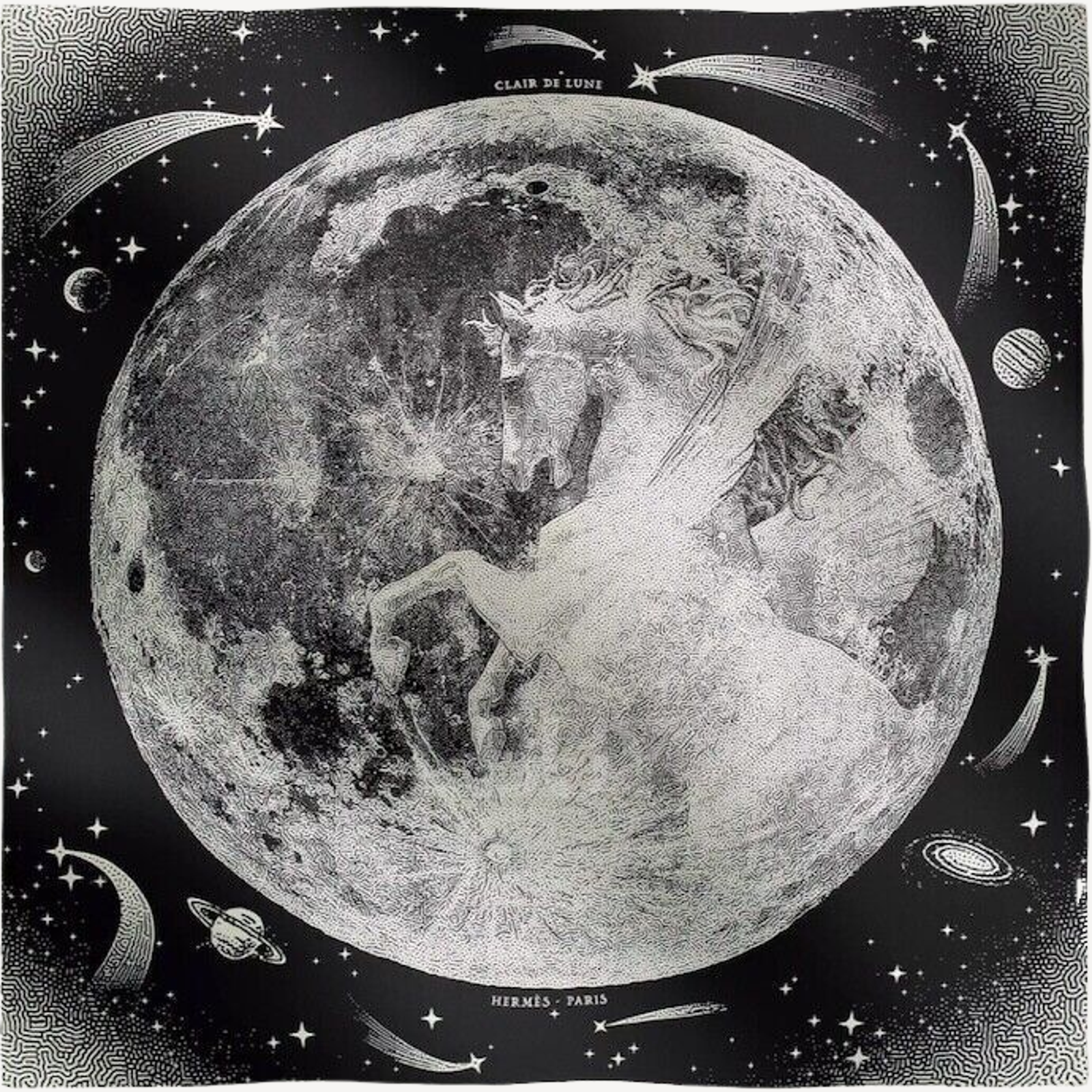 Hermes Clair de Lune Shawl 140 Noir Blanc