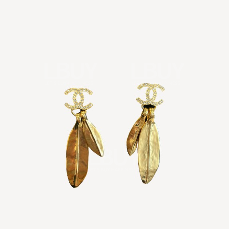 Chanel 金色羽毛垂吊款耳环